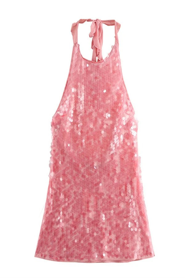 Sexy Rose Disc Sequin Halter Backless Mini Dress