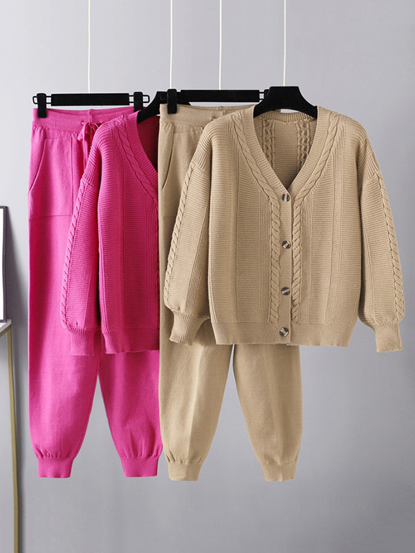 Casual Loose Solid Color Long Sleeves V-Neck Cardigan Tops& Drawstring Pants Suits