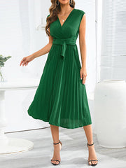 Sleeveless Pleated Solid Color Tied Waist V-Neck Midi Dresses