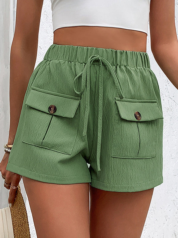 High Waisted Loose Buttoned Drawstring Elasticity Pockets Solid Color Shorts Bottoms