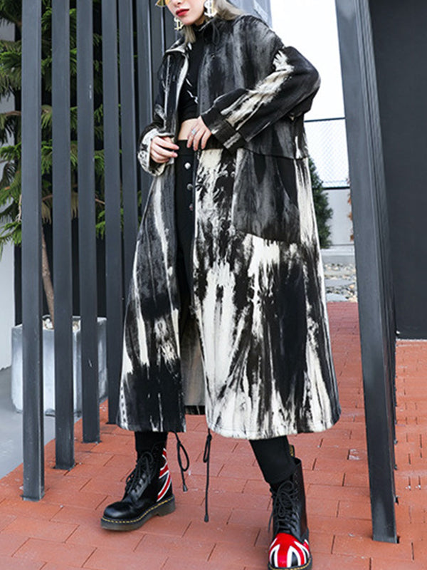 Long Sleeves Loose Drawstring Split-Joint Zipper Round-Neck Trench Coats