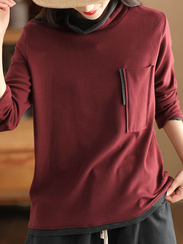 False Two Long Sleeves Contrast Color Pockets High Neck T-Shirts Tops