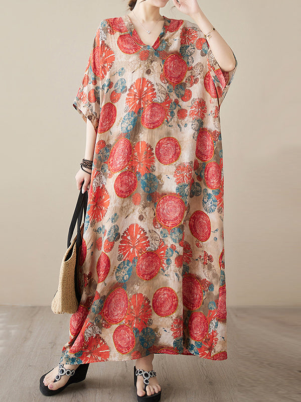 Loose Short Sleeves Printed V-Neck Maxi Dresses