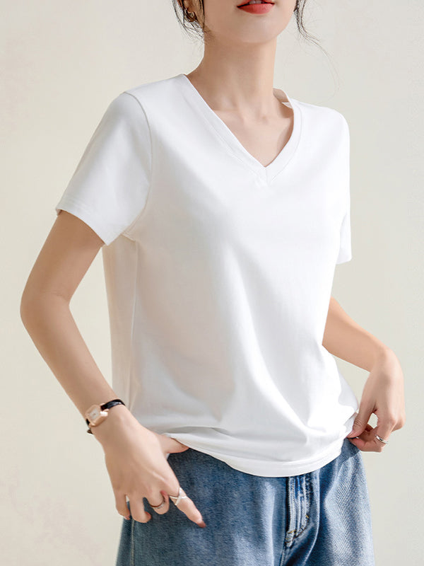 Loose Short Sleeves Solid Color V-Neck T-Shirts Tops