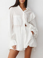 Loose Solid Color Jacquard Ruffled Split-Joint Lapel Blouse + High Waisted Shorts Two Pieces Set