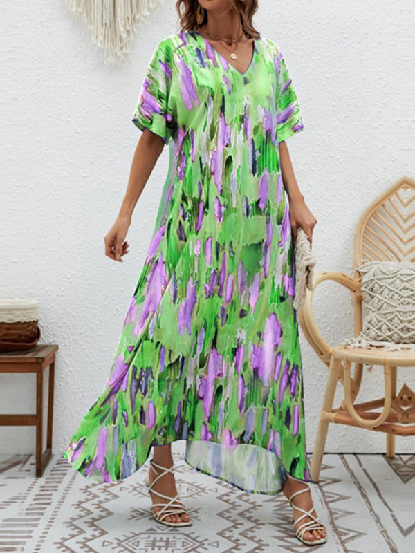 Loose Short Sleeves Contrast Color High-Waisted Printed V-neck Maxi Dresses