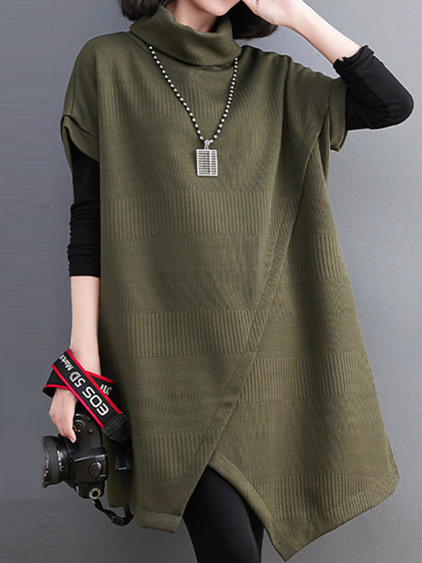 Short Sleeves Asymmetric Solid Color Split-Front High-Neck Knitwear Mini Dresses