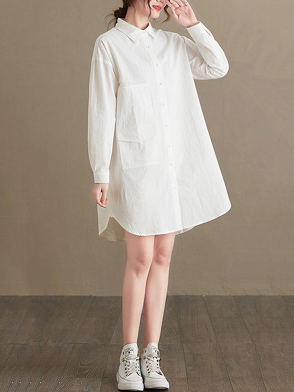 Simple Solid Buttoned Lapel Collar Long Sleeves Blouse