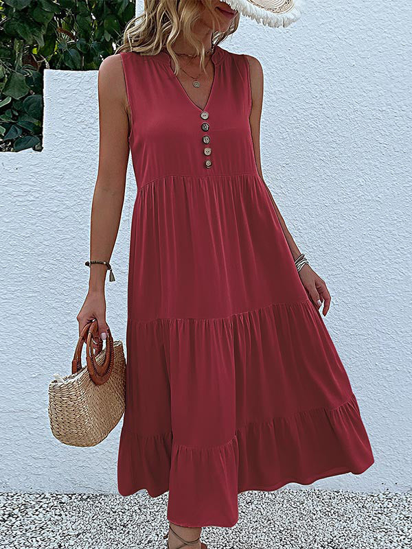 Loose Sleeveless Pleated Split-Joint V-Neck Midi Dresses