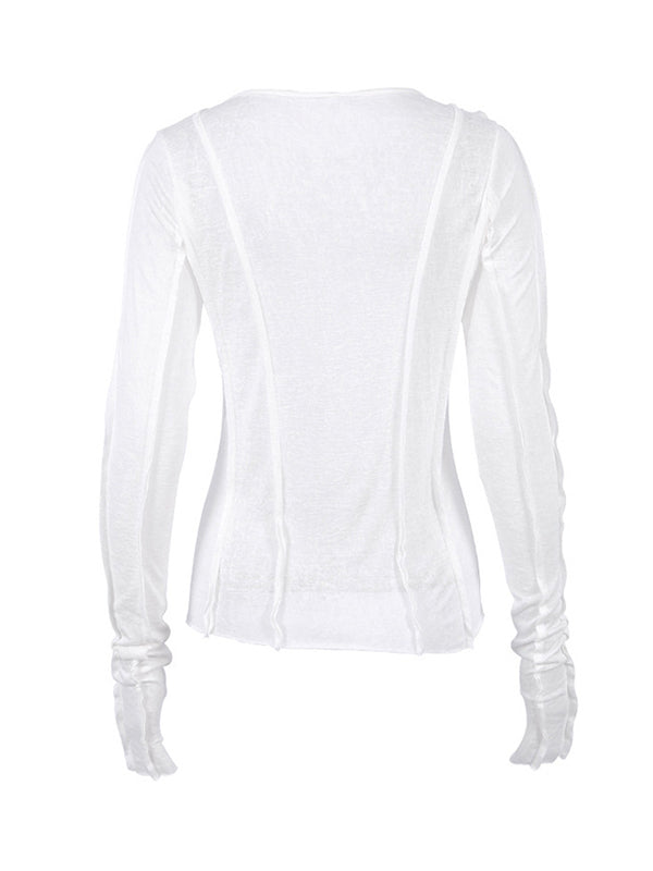 Long Sleeves Skinny Pleated Solid Color Round-Neck T-Shirts