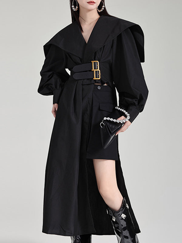 High Waisted Long Sleeves Asymmetric Belted Pleated Solid Color Lapel Midi Dresses