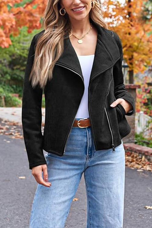 Zip Up Pocketed Faux Suede Moto Jacket