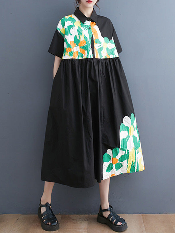 Artistic Retro Loose Short Sleeves Floral Printed Split-Joint Lapel Collar Midi Dresses