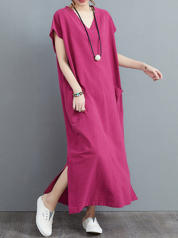 Simple Ramie Cotton Solid Color Split-Side With Pocket V-Neck Short Sleeves Maxi Dress