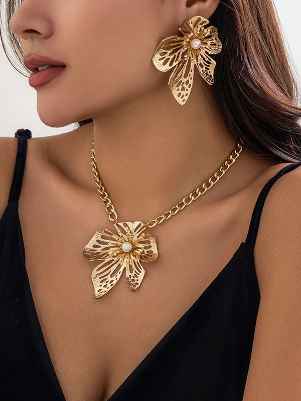 Chains Flower Shape Hollow Pleated Three Pieces Dainty Necklace + Earrings Accessories