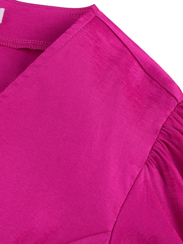 Stylish V-Neck Puff Sleeves Fuchsia Blouse