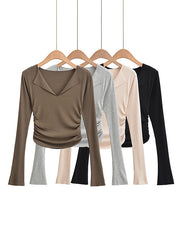 Casual Flared Sleeves Skinny Pleated Solid Color V-Neck T-Shirts Tops