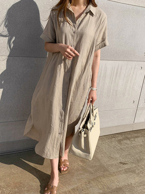 Simple 3 Colors Loose Casual Short Sleeve Shirt Dress