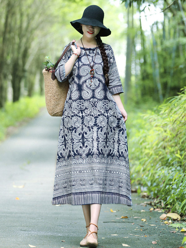 Vintage Cotton Blend Printing Midi Dresses