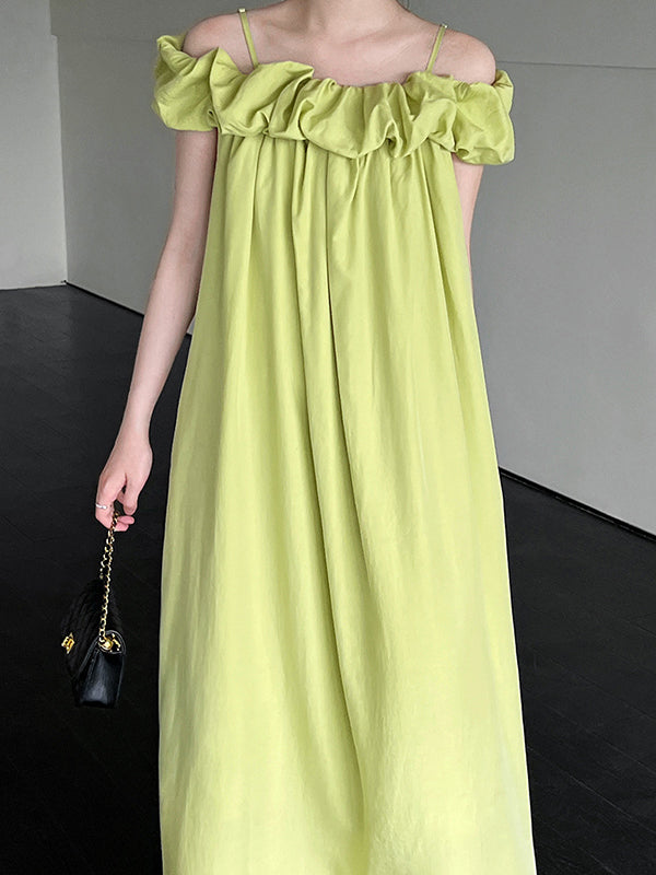 Loose Sleeveless Elasticity Pleated Solid Color Split-Joint Off-The-Shoulder Maxi Dresses