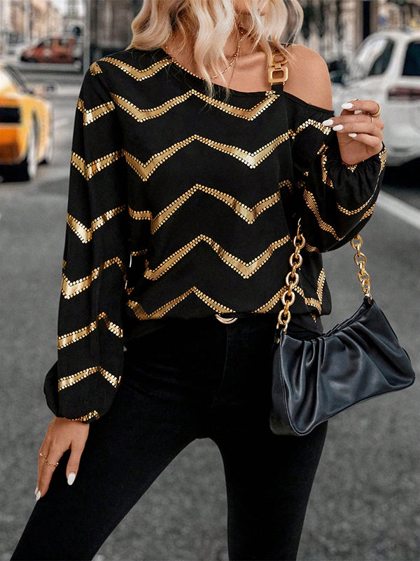 Long Sleeves Loose Asymmetric Bronzing Chains Elasticity Striped Asymmetric Collar T-Shirts Tops