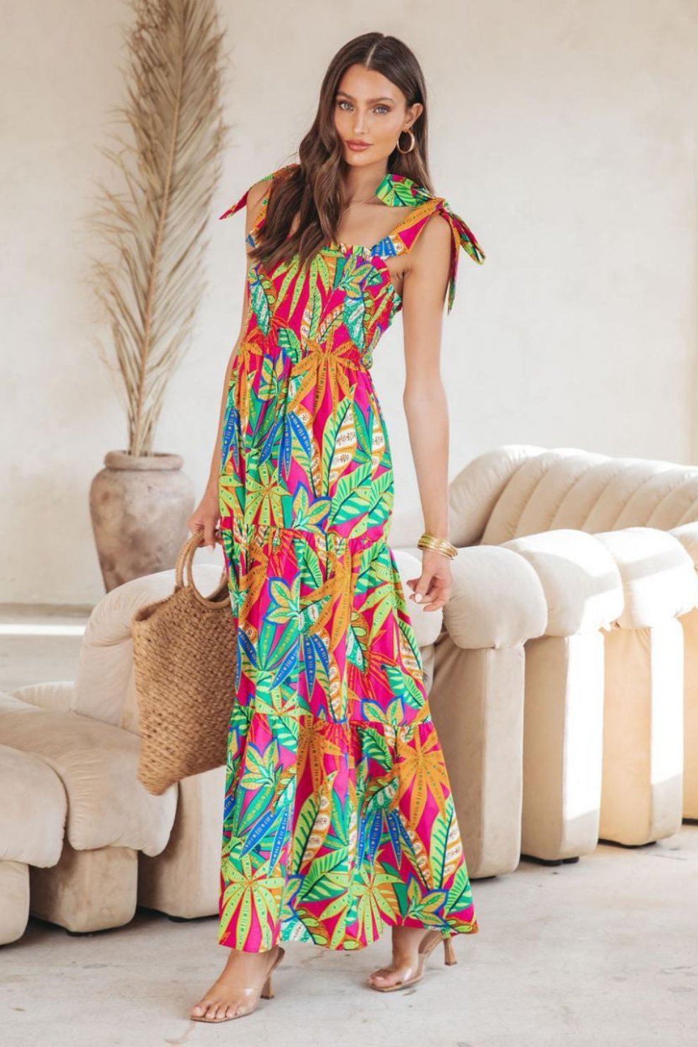 Thirza Printed Bow-tie Shirred Maxi Dress