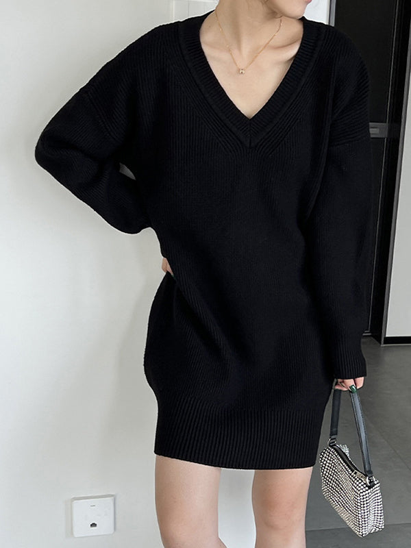 Simple Loose Long Sleeves Solid Color V-Neck Sweater Dresses