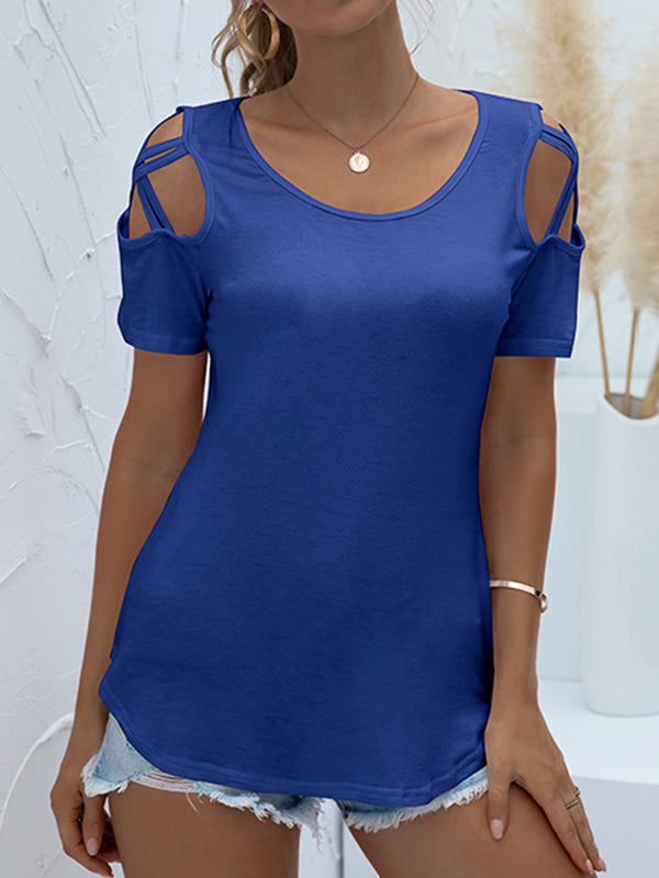 Loose Short Sleeves Hollow Solid Color Round-Neck T-Shirts Tops