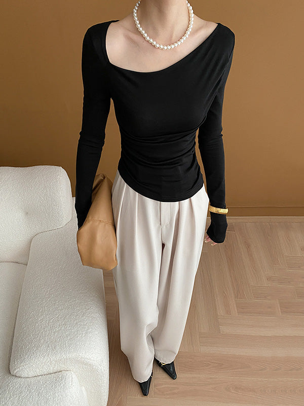 Long Sleeves Skinny Solid Color Asymmetric Collar T-Shirts Tops