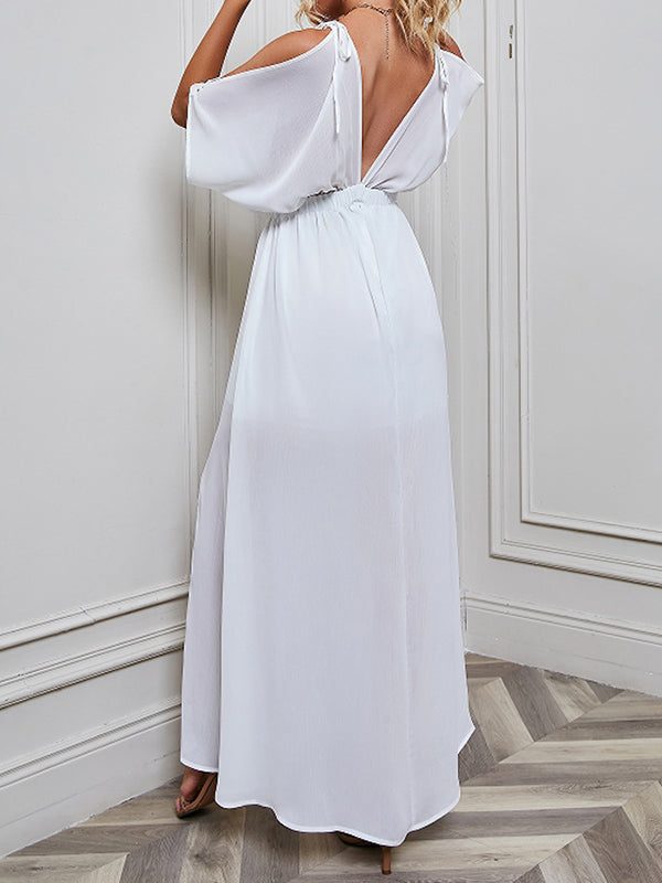 Batwing Sleeves Loose Solid Color Split-Front Deep V-Neck Maxi Dresses