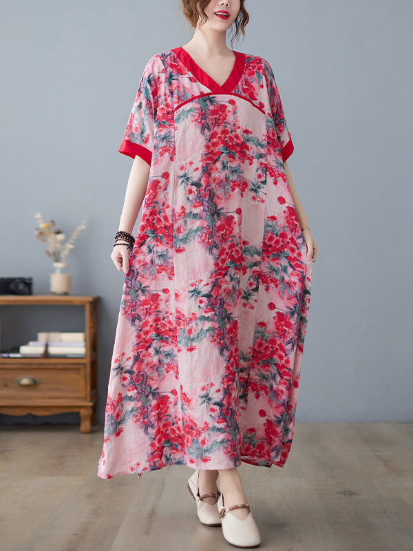 Loose Artistic Retro Floral Printed Split-Joint V-Neck Midi Dress