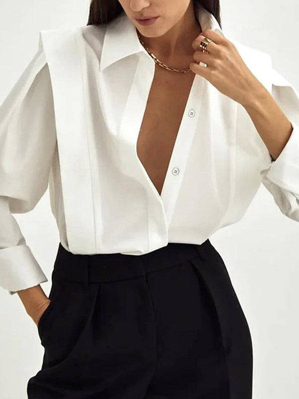 Long Sleeves Loose Buttoned Solid Color Lapel Blouses&Shirts Tops