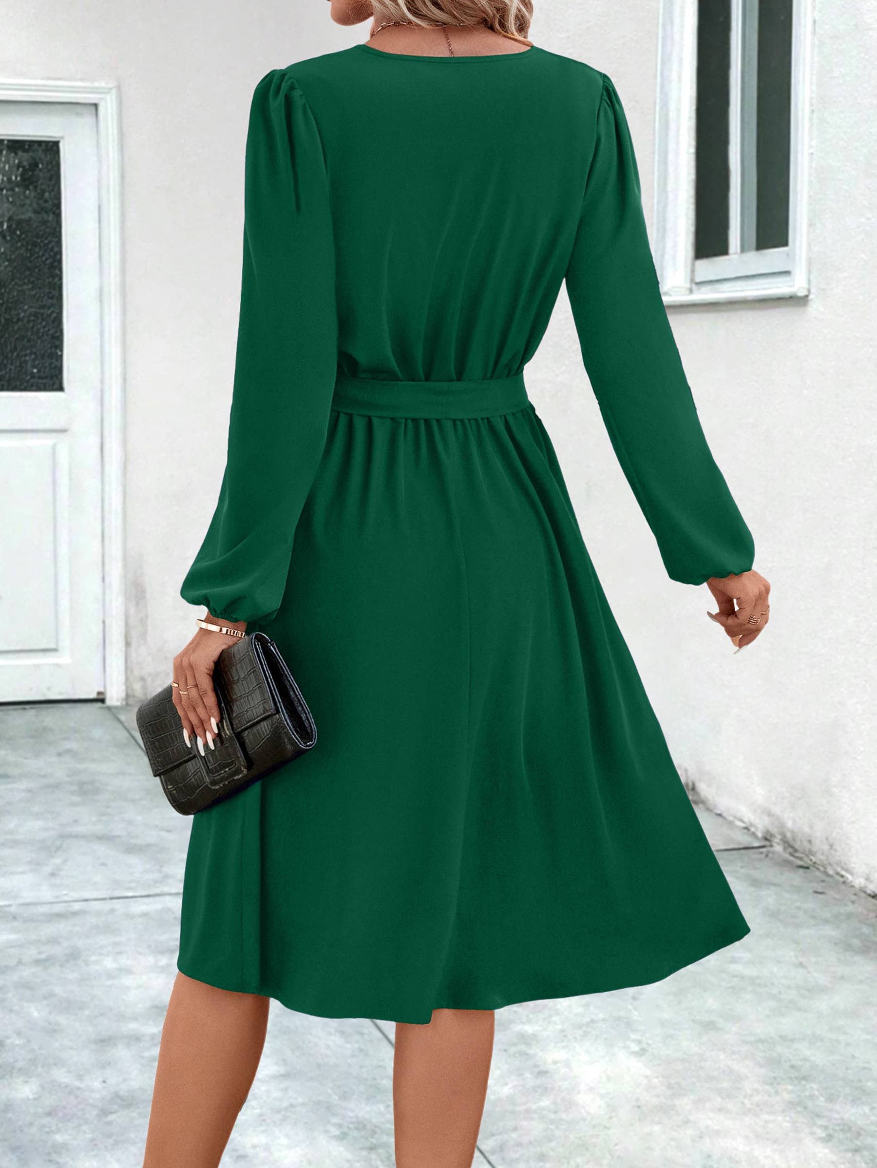 Long Sleeved V-neck Tie Up Dress