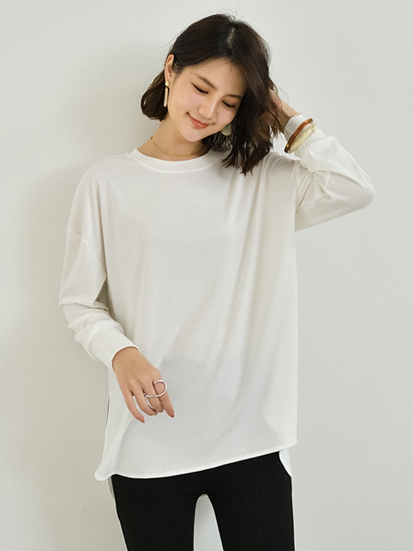 Simple Long Sleeves Loose Split-Side Solid Color Round-Neck T-Shirts Tops