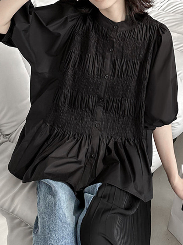 Loose Puff Sleeves Pleated Solid Color Round-Neck Blouses&Shirts Tops