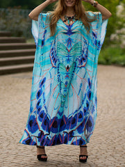 Batwing Sleeves Loose Butterfly Print Split-Side V-Neck Beach Cover-Up Maxi Dresses