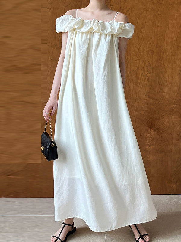 Loose Sleeveless Elasticity Pleated Solid Color Split-Joint Off-The-Shoulder Maxi Dresses