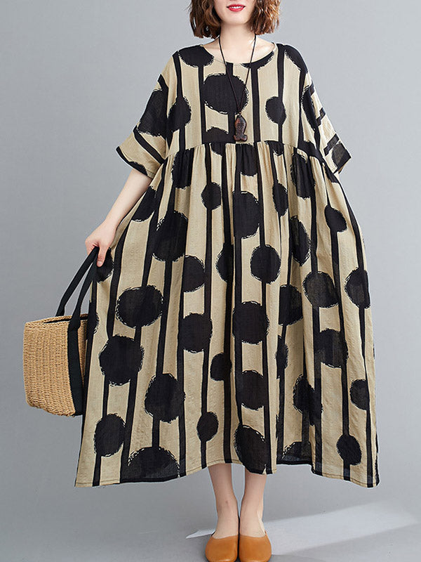 Original Polka-Dot Split-Joint Round-Neck Midi Dress