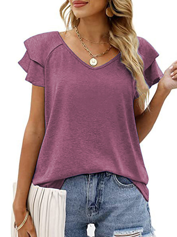 Loose Ruffle Sleeves Double Layered Solid Color Split-Joint Round-Neck T-Shirts Tops