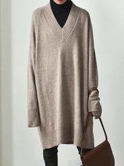 Stylish Long Sleeves Loose Solid Color V-Neck Sweater Dresses