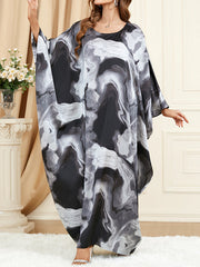 Batwing Sleeves Long Sleeves Contrast Color Printed Round-Neck Maxi Dresses