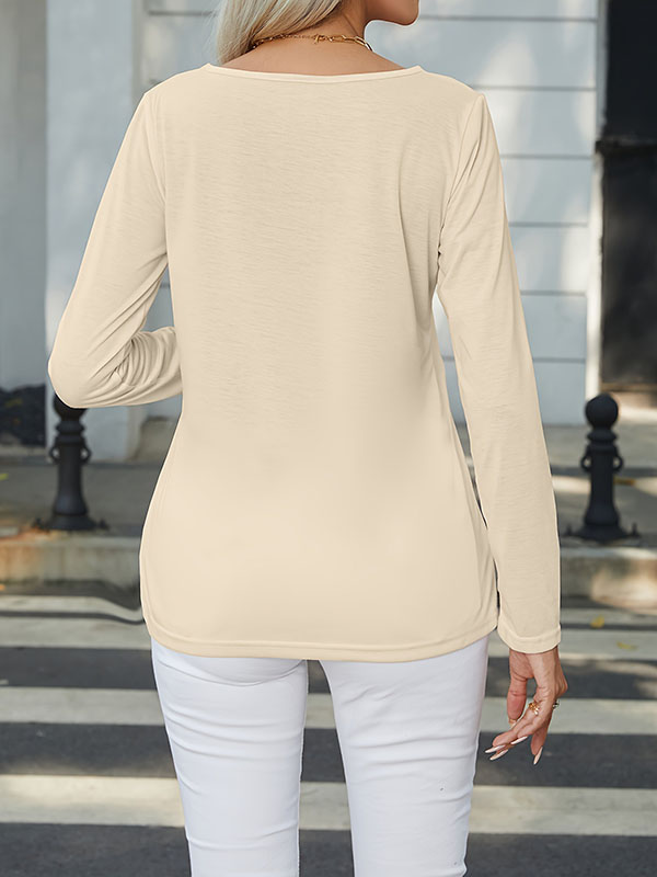 Long Sleeves Loose Asymmetric Buttoned Split-Joint Round-Neck T-Shirts Tops