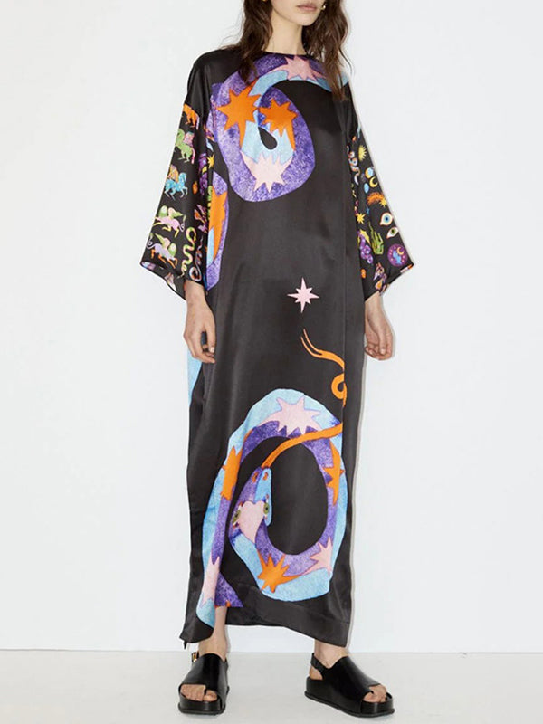 A-Line Long Sleeves Printed Split-Side Round-Neck Maxi Dresses