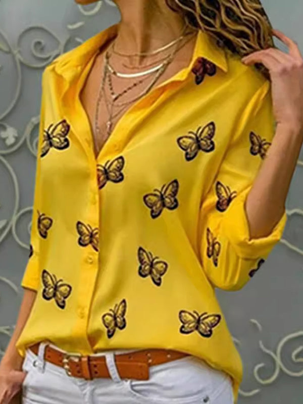 Long Sleeves Loose Butterfly Print Buttoned Split-Joint Lapel Blouses&Shirts Tops