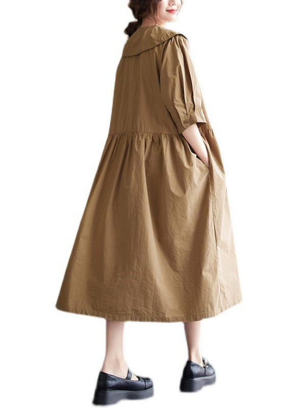 Original Loose Solid Color Buttoned Pleated Midi Dress