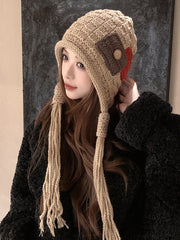 Contrast Color Solid Color Tasseled Knitted Hats