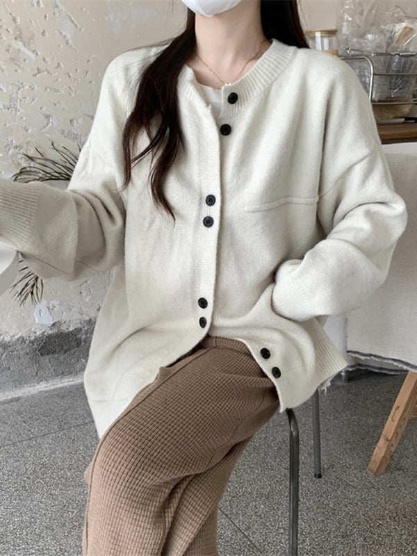 Long Sleeves Loose Buttoned Round-Neck Cardigan Tops