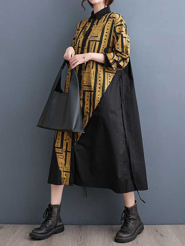 A-Line Long Sleeves Asymmetric Contrast Color Printed Warp Knitting Lapel Midi Dresses Shirt Dress