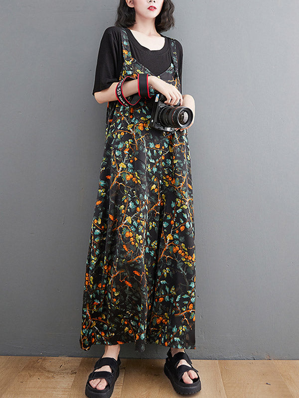 Loose Artistic Retro Ramie Cotton Floral Printed V-Neck Overalls