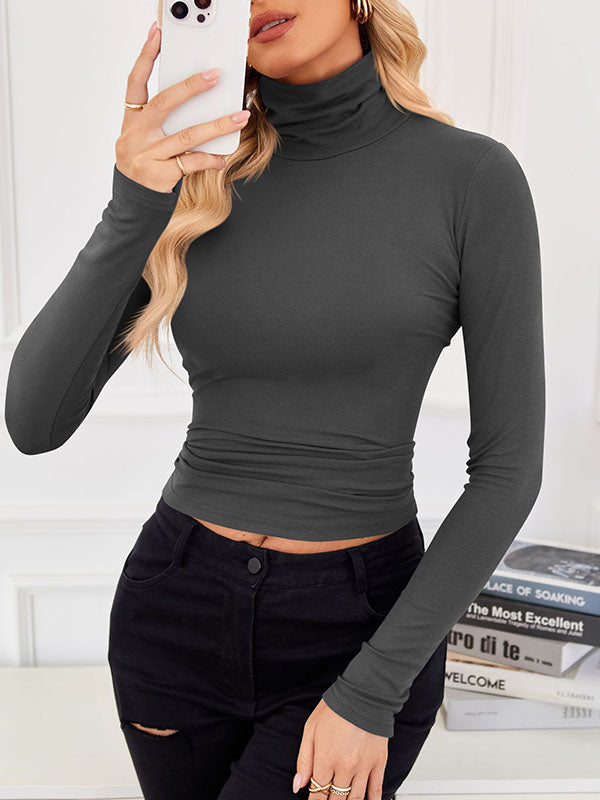 Long Sleeves Skinny Solid Color Split-Joint High Neck T-Shirts